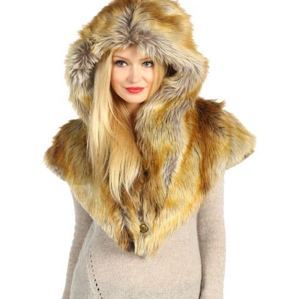 SpiritHoods Faux Fur Hooded Scarf in Brown and Tan